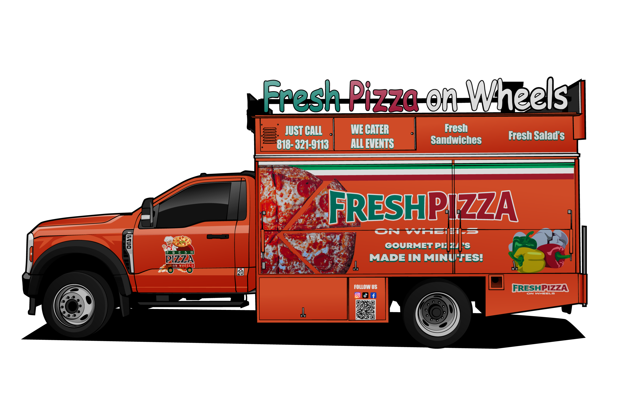 Fresh Pizza on Wheels mobile pizza truck serving wood-fired gourmet pizzas across Los Angeles